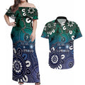 NAIDOC Week 2024 Fire Burning Couples Matching Off Shoulder Maxi Dress and Hawaiian Shirt Aboriginal Dots Blue Art