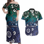 NAIDOC Week 2024 Fire Burning Couples Matching Off Shoulder Maxi Dress and Hawaiian Shirt Aboriginal Dots Blue Art