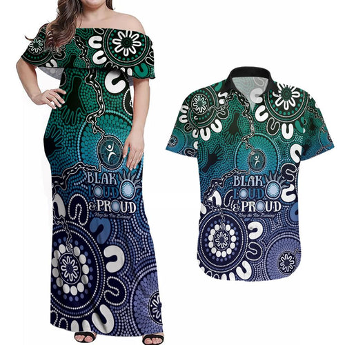NAIDOC Week 2024 Fire Burning Couples Matching Off Shoulder Maxi Dress and Hawaiian Shirt Aboriginal Dots Blue Art