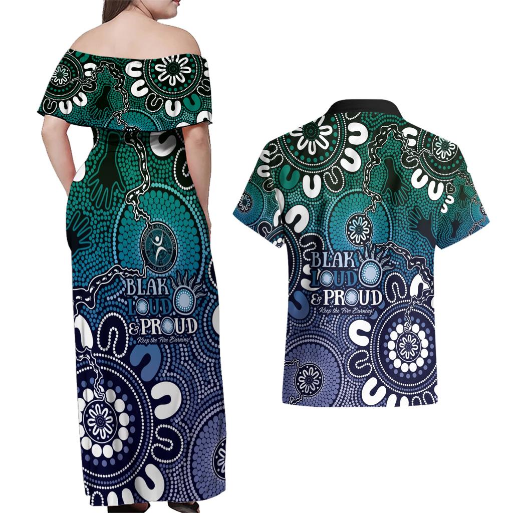 NAIDOC Week 2024 Fire Burning Couples Matching Off Shoulder Maxi Dress and Hawaiian Shirt Aboriginal Dots Blue Art