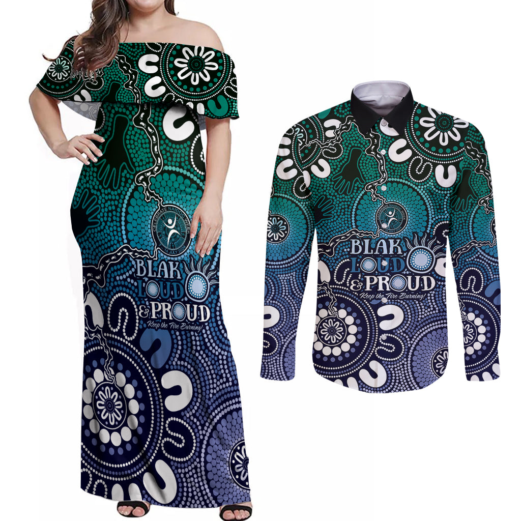 NAIDOC Week 2024 Fire Burning Couples Matching Off Shoulder Maxi Dress and Long Sleeve Button Shirt Aboriginal Dots Blue Art