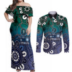 NAIDOC Week 2024 Fire Burning Couples Matching Off Shoulder Maxi Dress and Long Sleeve Button Shirt Aboriginal Dots Blue Art