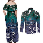 NAIDOC Week 2024 Fire Burning Couples Matching Off Shoulder Maxi Dress and Long Sleeve Button Shirt Aboriginal Dots Blue Art