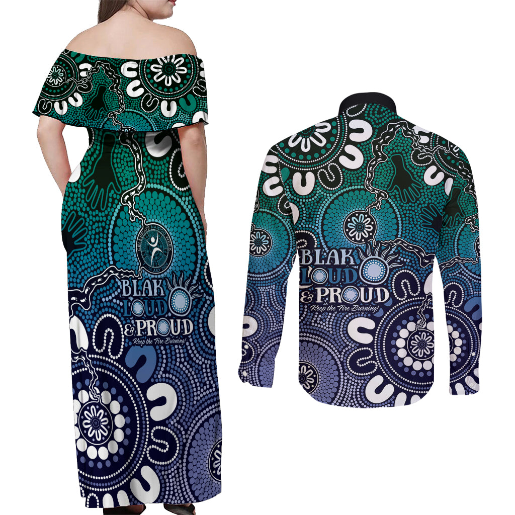 NAIDOC Week 2024 Fire Burning Couples Matching Off Shoulder Maxi Dress and Long Sleeve Button Shirt Aboriginal Dots Blue Art