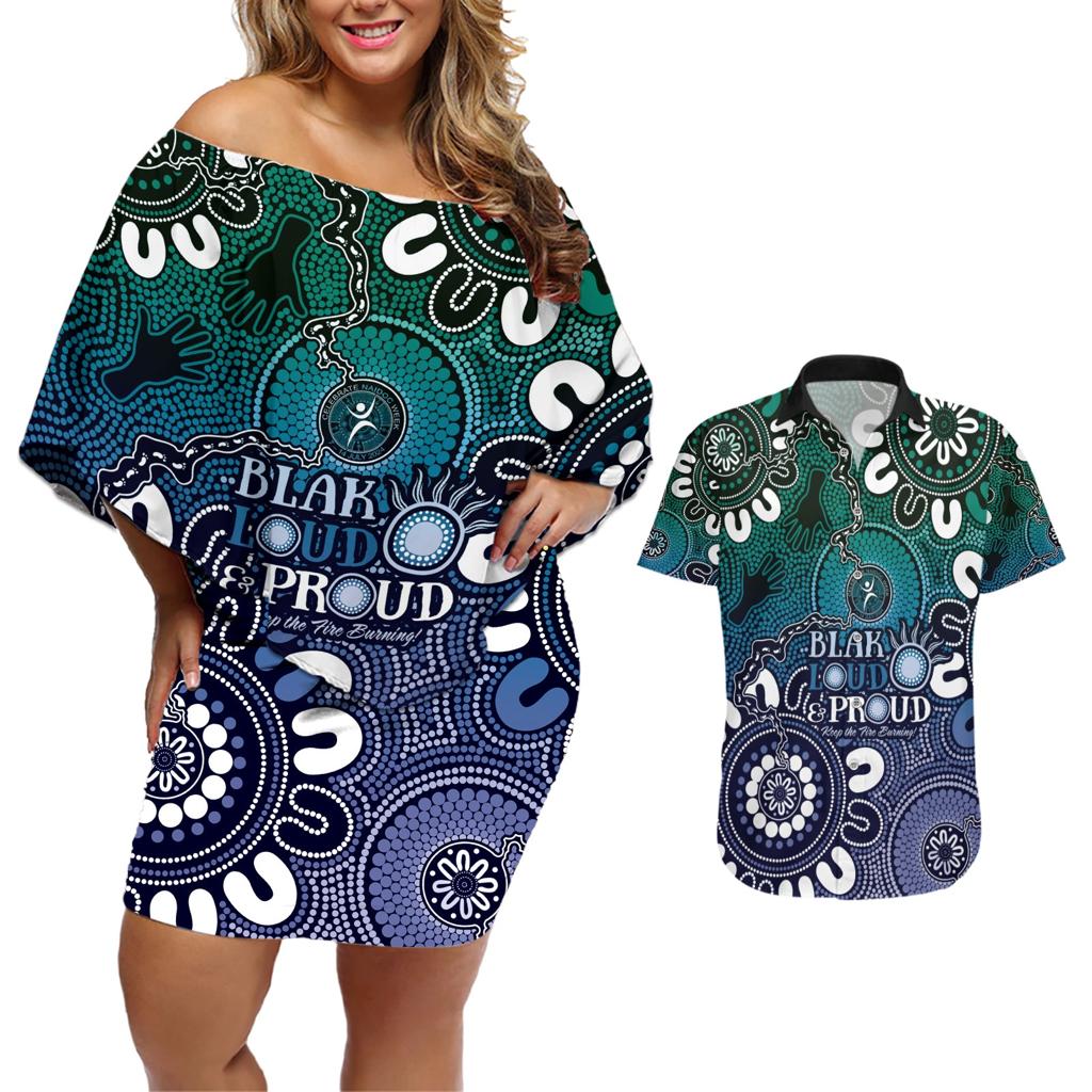 NAIDOC Week 2024 Fire Burning Couples Matching Off Shoulder Short Dress and Hawaiian Shirt Aboriginal Dots Blue Art