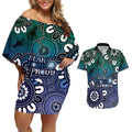 NAIDOC Week 2024 Fire Burning Couples Matching Off Shoulder Short Dress and Hawaiian Shirt Aboriginal Dots Blue Art