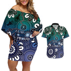 NAIDOC Week 2024 Fire Burning Couples Matching Off Shoulder Short Dress and Hawaiian Shirt Aboriginal Dots Blue Art