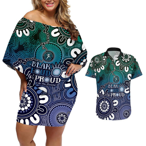 NAIDOC Week 2024 Fire Burning Couples Matching Off Shoulder Short Dress and Hawaiian Shirt Aboriginal Dots Blue Art