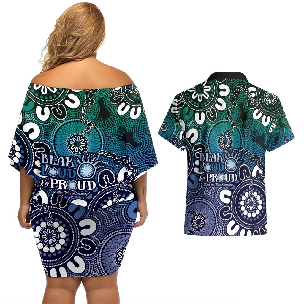 NAIDOC Week 2024 Fire Burning Couples Matching Off Shoulder Short Dress and Hawaiian Shirt Aboriginal Dots Blue Art