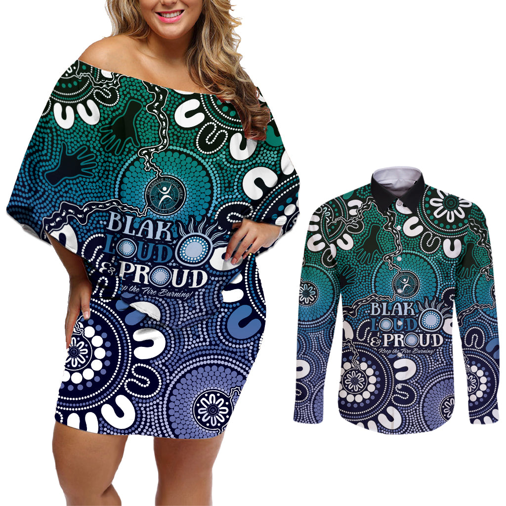 NAIDOC Week 2024 Fire Burning Couples Matching Off Shoulder Short Dress and Long Sleeve Button Shirt Aboriginal Dots Blue Art