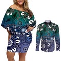 NAIDOC Week 2024 Fire Burning Couples Matching Off Shoulder Short Dress and Long Sleeve Button Shirt Aboriginal Dots Blue Art