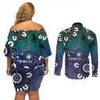 NAIDOC Week 2024 Fire Burning Couples Matching Off Shoulder Short Dress and Long Sleeve Button Shirt Aboriginal Dots Blue Art