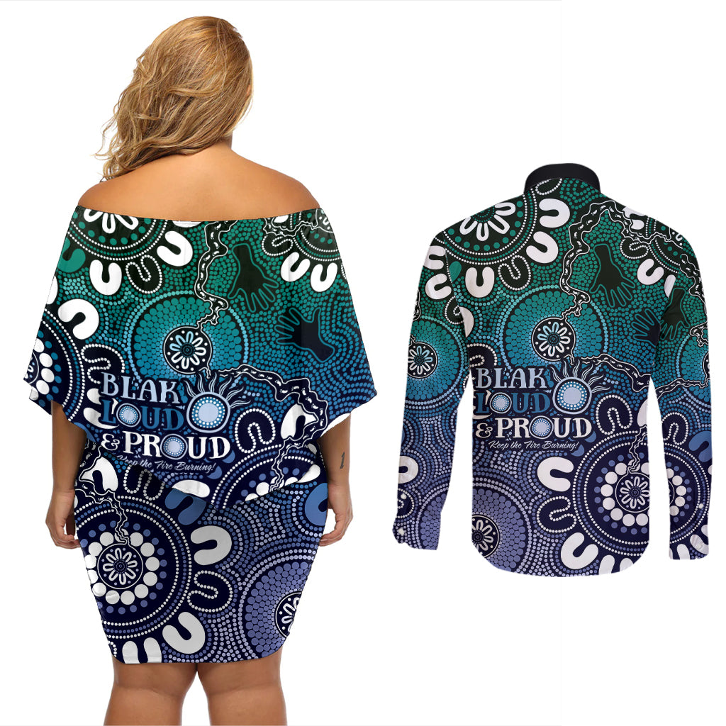 NAIDOC Week 2024 Fire Burning Couples Matching Off Shoulder Short Dress and Long Sleeve Button Shirt Aboriginal Dots Blue Art