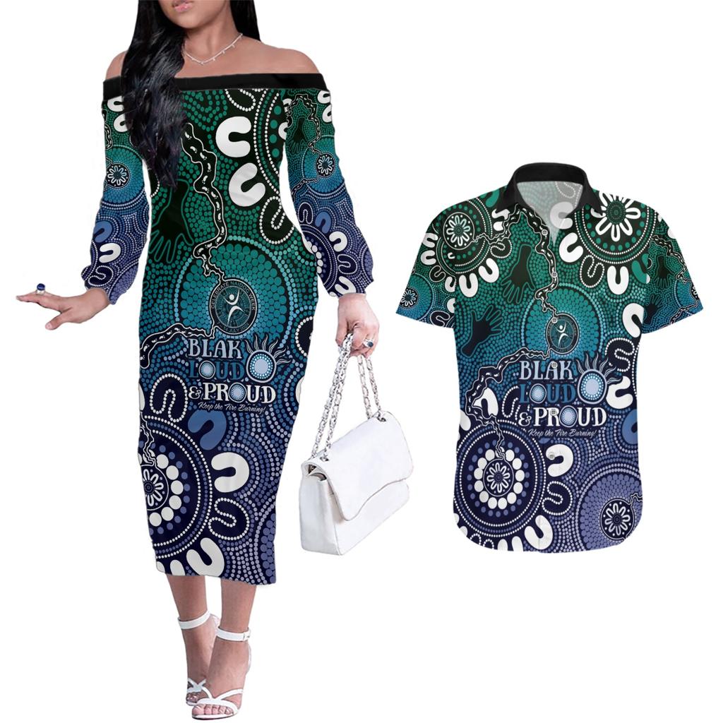 NAIDOC Week 2024 Fire Burning Couples Matching Off The Shoulder Long Sleeve Dress and Hawaiian Shirt Aboriginal Dots Blue Art