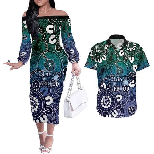 NAIDOC Week 2024 Fire Burning Couples Matching Off The Shoulder Long Sleeve Dress and Hawaiian Shirt Aboriginal Dots Blue Art