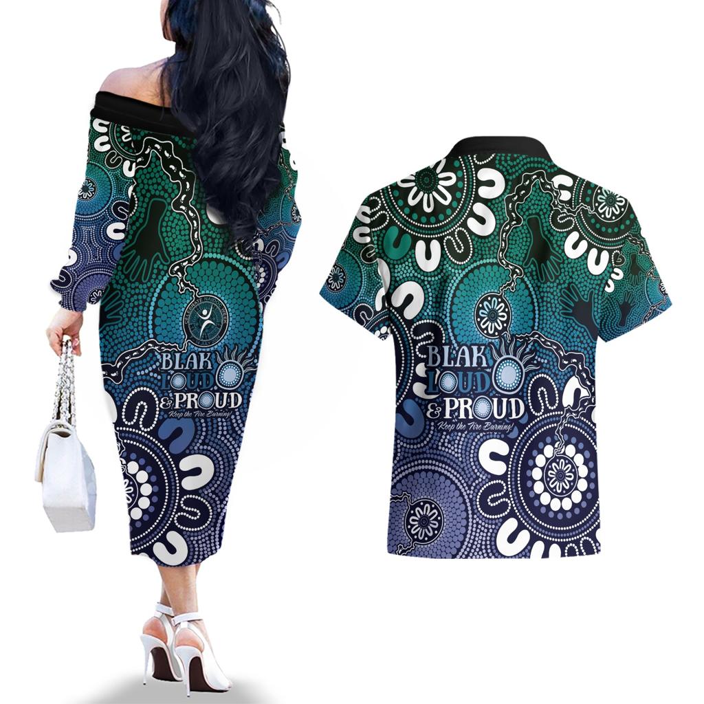 NAIDOC Week 2024 Fire Burning Couples Matching Off The Shoulder Long Sleeve Dress and Hawaiian Shirt Aboriginal Dots Blue Art