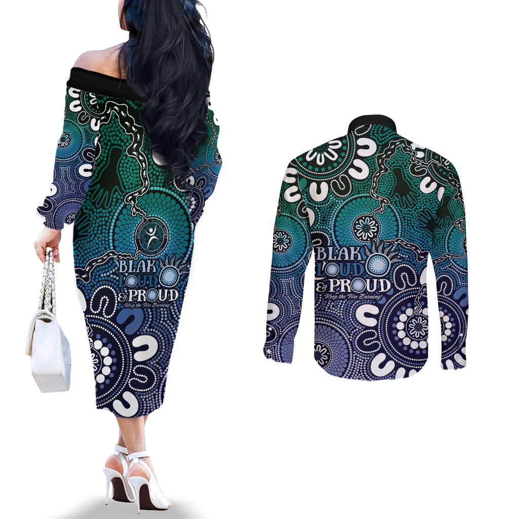 NAIDOC Week 2024 Fire Burning Couples Matching Off The Shoulder Long Sleeve Dress and Long Sleeve Button Shirt Aboriginal Dots Blue Art