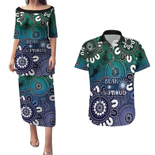 NAIDOC Week 2024 Fire Burning Couples Matching Puletasi and Hawaiian Shirt Aboriginal Dots Blue Art