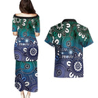 NAIDOC Week 2024 Fire Burning Couples Matching Puletasi and Hawaiian Shirt Aboriginal Dots Blue Art