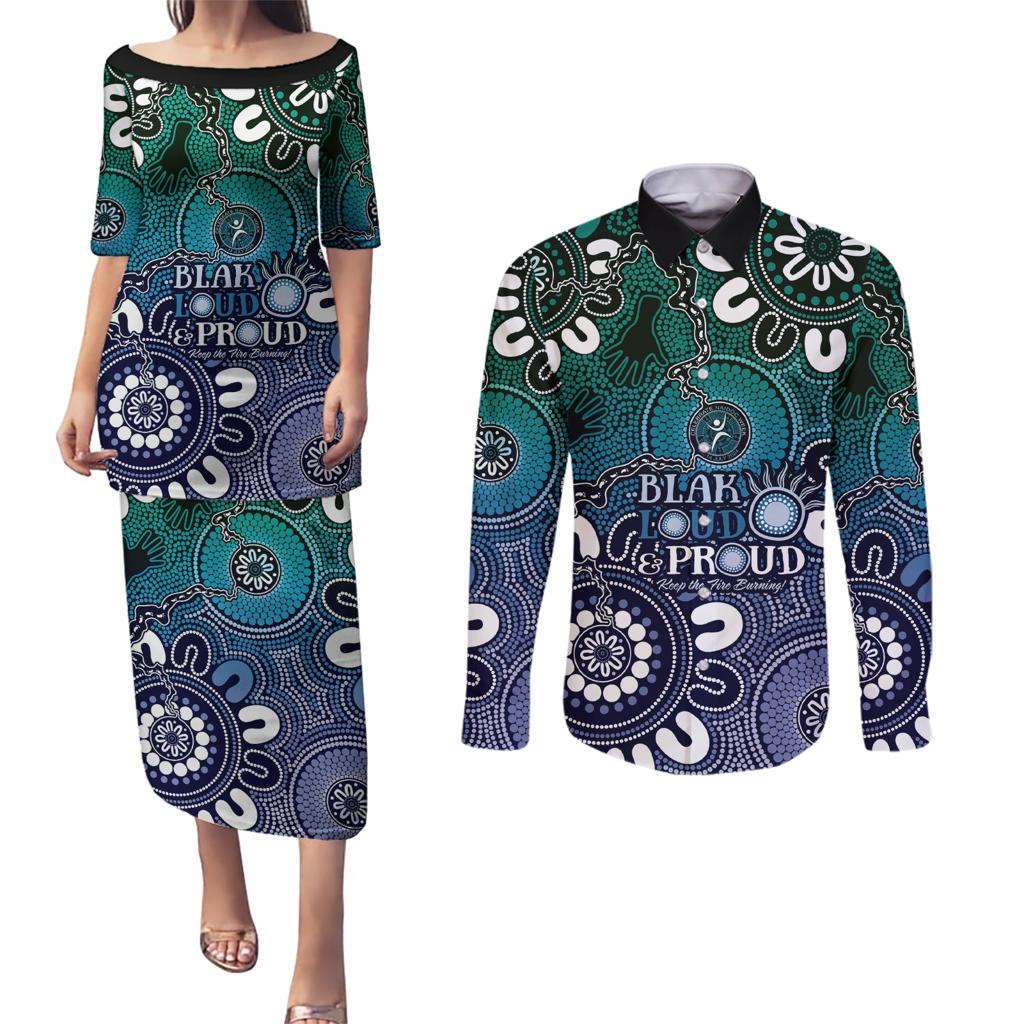 NAIDOC Week 2024 Fire Burning Couples Matching Puletasi and Long Sleeve Button Shirt Aboriginal Dots Blue Art