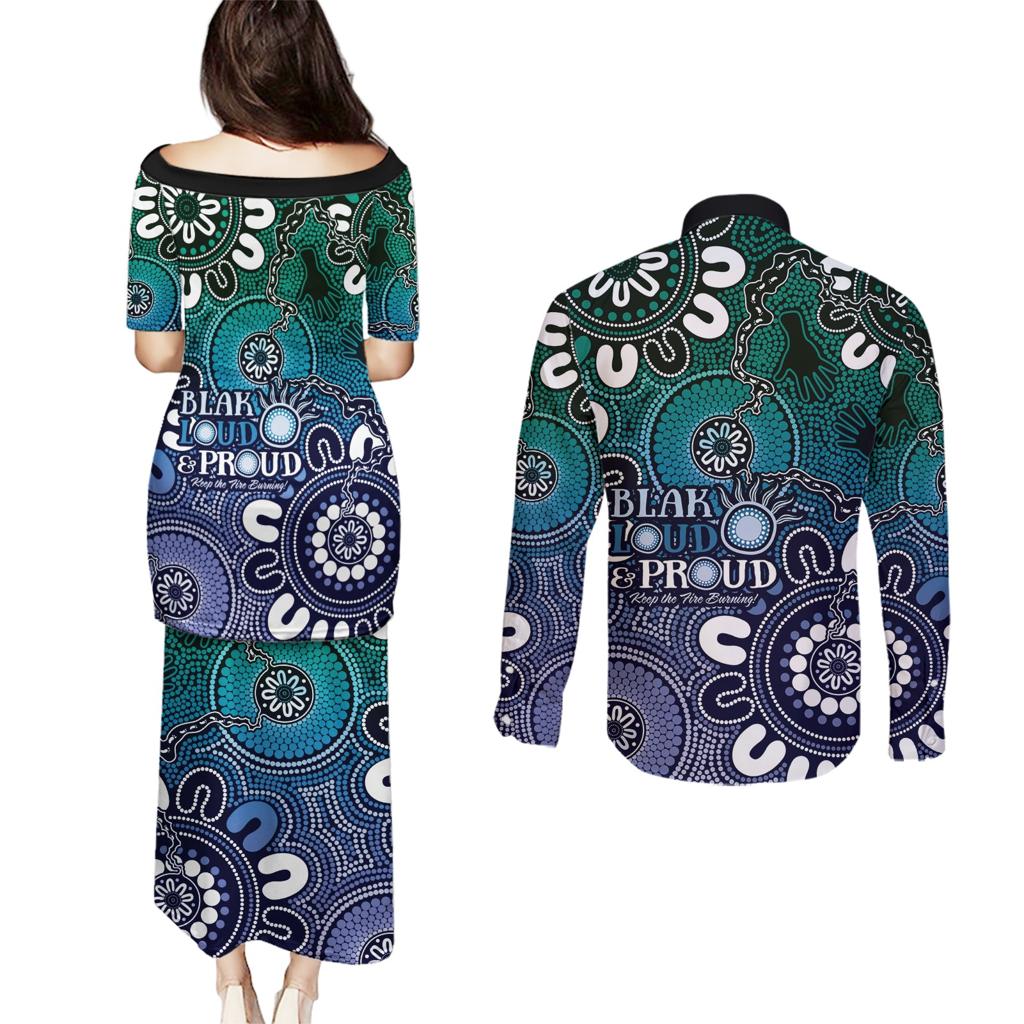 NAIDOC Week 2024 Fire Burning Couples Matching Puletasi and Long Sleeve Button Shirt Aboriginal Dots Blue Art