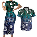 NAIDOC Week 2024 Fire Burning Couples Matching Short Sleeve Bodycon Dress and Hawaiian Shirt Aboriginal Dots Blue Art