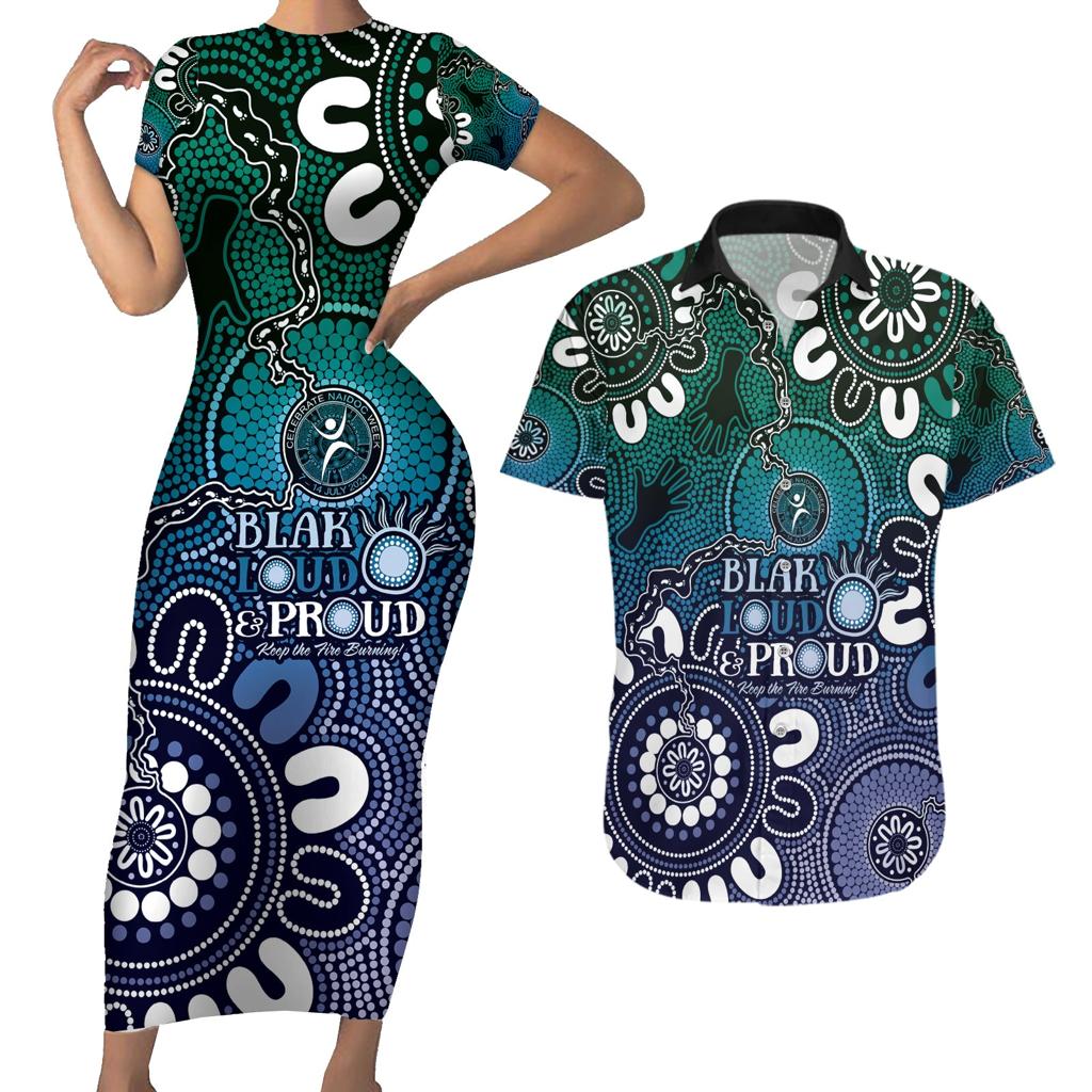 NAIDOC Week 2024 Fire Burning Couples Matching Short Sleeve Bodycon Dress and Hawaiian Shirt Aboriginal Dots Blue Art