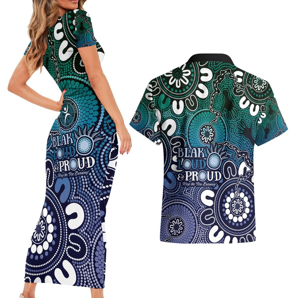 NAIDOC Week 2024 Fire Burning Couples Matching Short Sleeve Bodycon Dress and Hawaiian Shirt Aboriginal Dots Blue Art