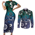 NAIDOC Week 2024 Fire Burning Couples Matching Short Sleeve Bodycon Dress and Long Sleeve Button Shirt Aboriginal Dots Blue Art