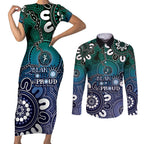 NAIDOC Week 2024 Fire Burning Couples Matching Short Sleeve Bodycon Dress and Long Sleeve Button Shirt Aboriginal Dots Blue Art