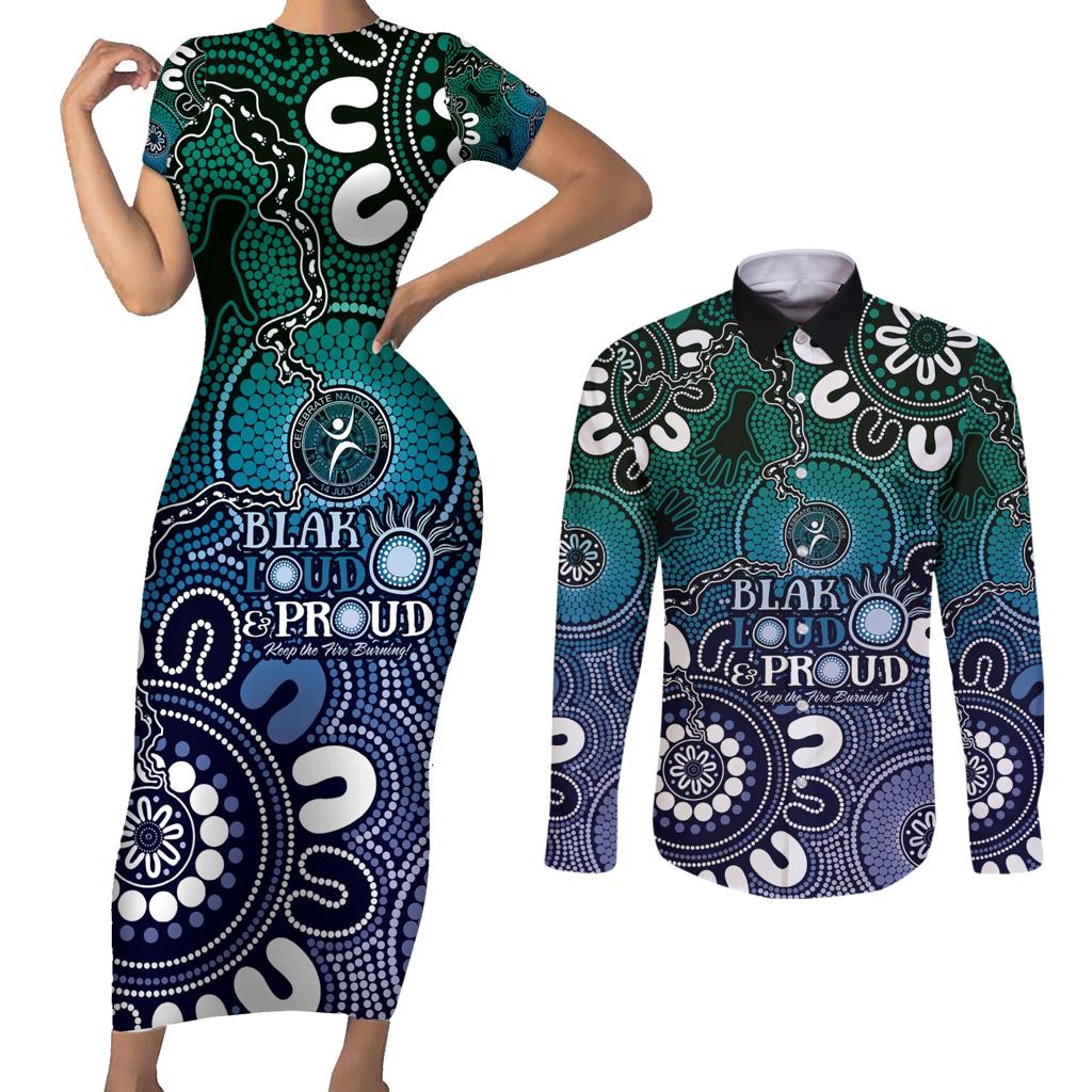 NAIDOC Week 2024 Fire Burning Couples Matching Short Sleeve Bodycon Dress and Long Sleeve Button Shirt Aboriginal Dots Blue Art