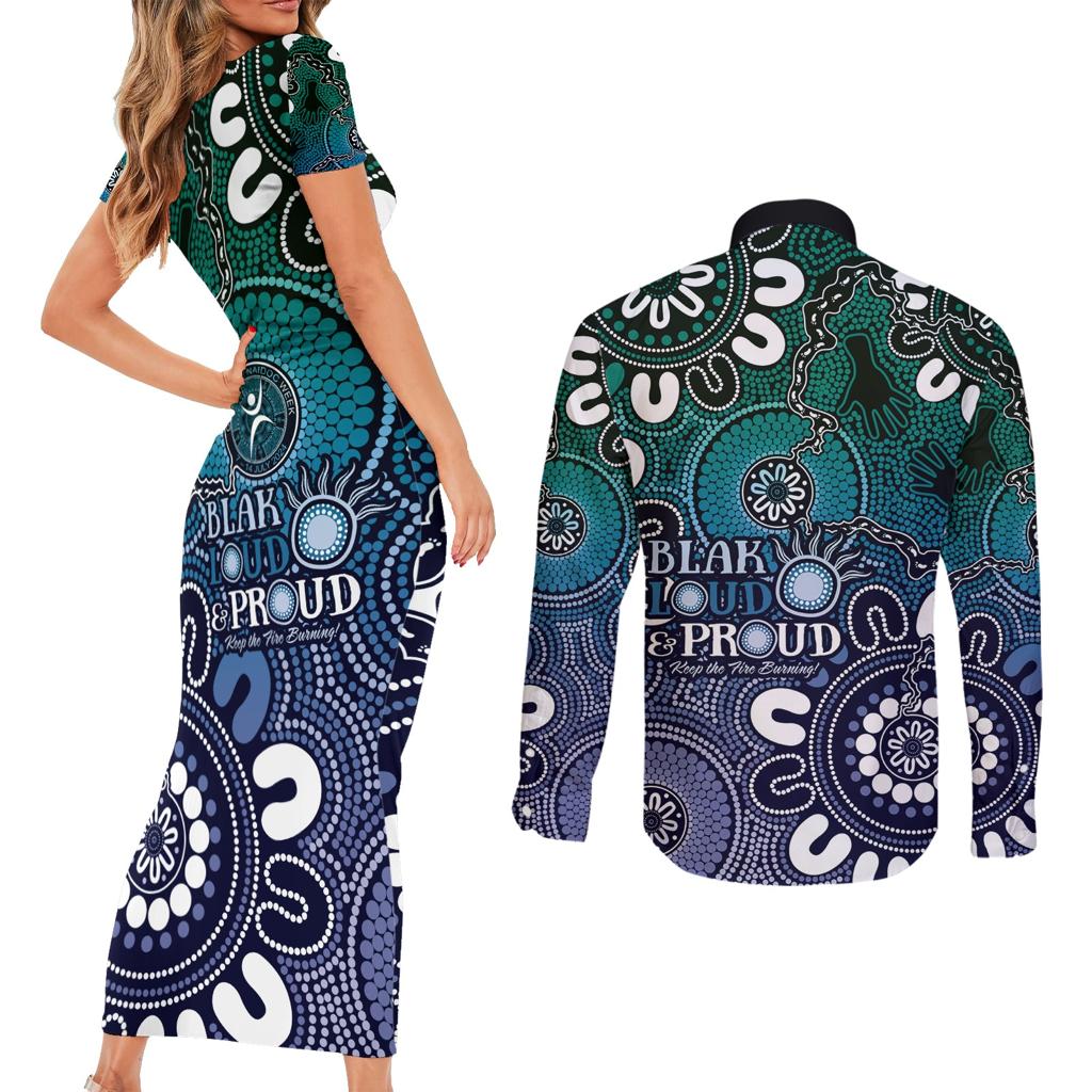 NAIDOC Week 2024 Fire Burning Couples Matching Short Sleeve Bodycon Dress and Long Sleeve Button Shirt Aboriginal Dots Blue Art