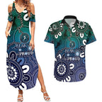 NAIDOC Week 2024 Fire Burning Couples Matching Summer Maxi Dress and Hawaiian Shirt Aboriginal Dots Blue Art