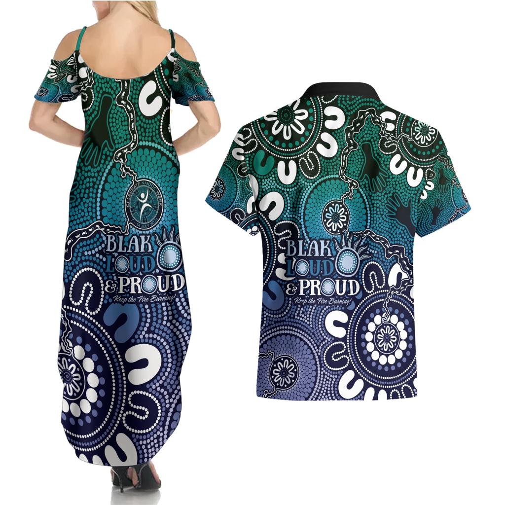 NAIDOC Week 2024 Fire Burning Couples Matching Summer Maxi Dress and Hawaiian Shirt Aboriginal Dots Blue Art