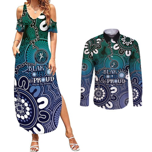 NAIDOC Week 2024 Fire Burning Couples Matching Summer Maxi Dress and Long Sleeve Button Shirt Aboriginal Dots Blue Art