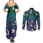NAIDOC Week 2024 Fire Burning Couples Matching Summer Maxi Dress and Long Sleeve Button Shirt Aboriginal Dots Blue Art