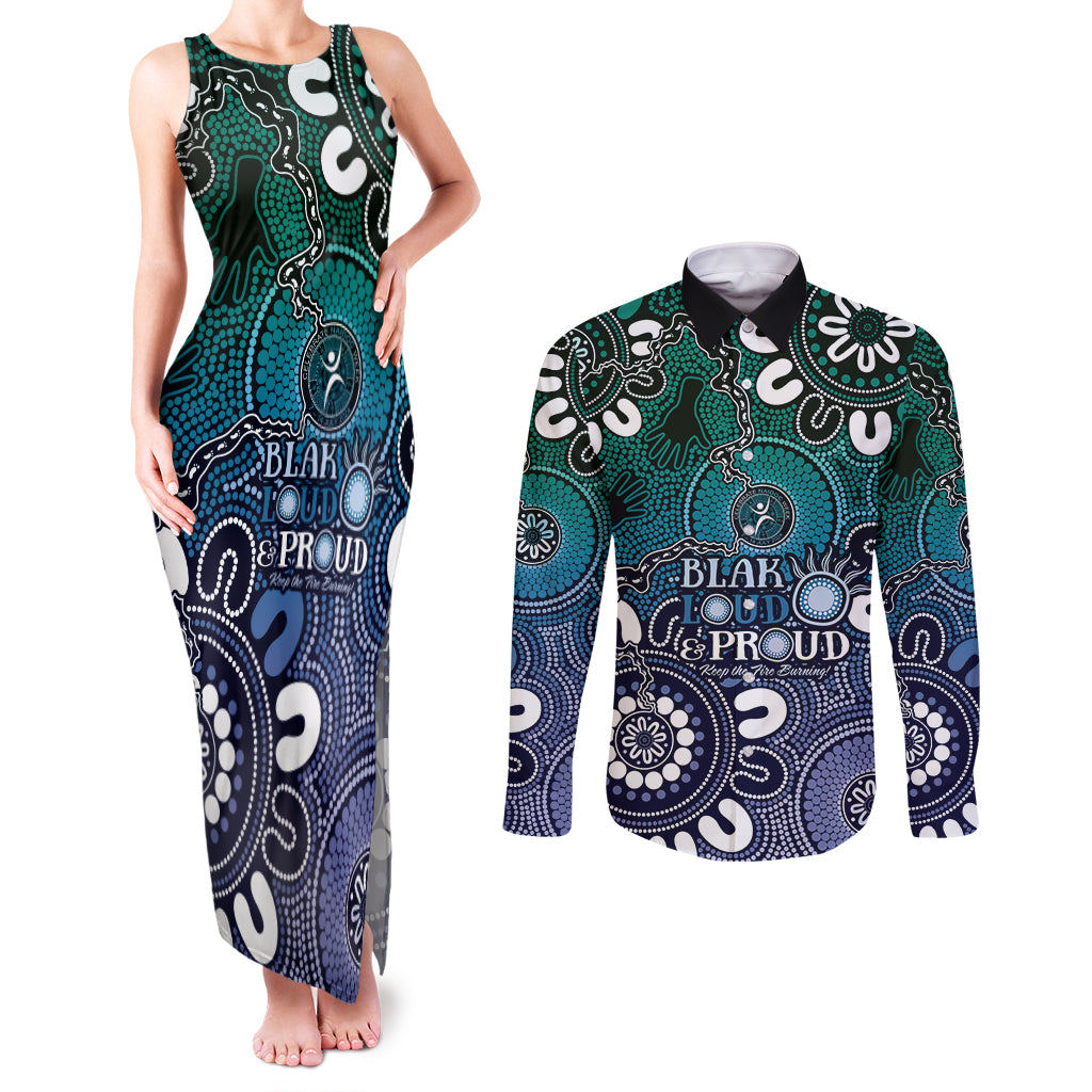 NAIDOC Week 2024 Fire Burning Couples Matching Tank Maxi Dress and Long Sleeve Button Shirt Aboriginal Dots Blue Art