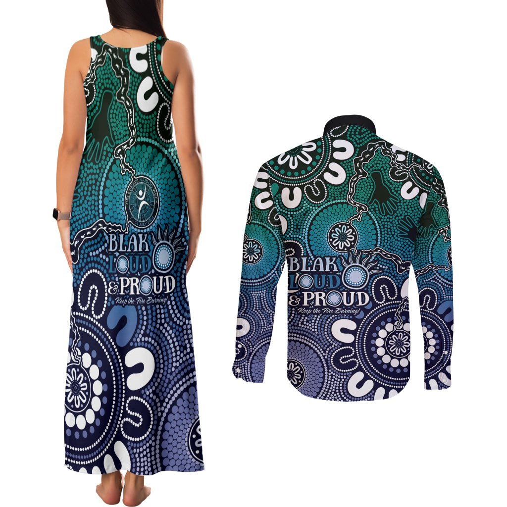 NAIDOC Week 2024 Fire Burning Couples Matching Tank Maxi Dress and Long Sleeve Button Shirt Aboriginal Dots Blue Art