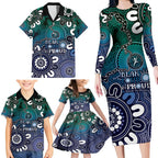 NAIDOC Week 2024 Fire Burning Family Matching Long Sleeve Bodycon Dress and Hawaiian Shirt Aboriginal Dots Blue Art