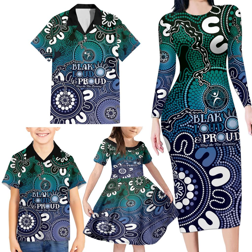 NAIDOC Week 2024 Fire Burning Family Matching Long Sleeve Bodycon Dress and Hawaiian Shirt Aboriginal Dots Blue Art