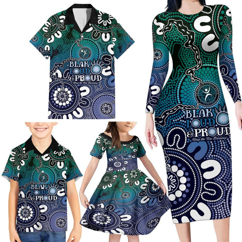 NAIDOC Week 2024 Fire Burning Family Matching Long Sleeve Bodycon Dress and Hawaiian Shirt Aboriginal Dots Blue Art