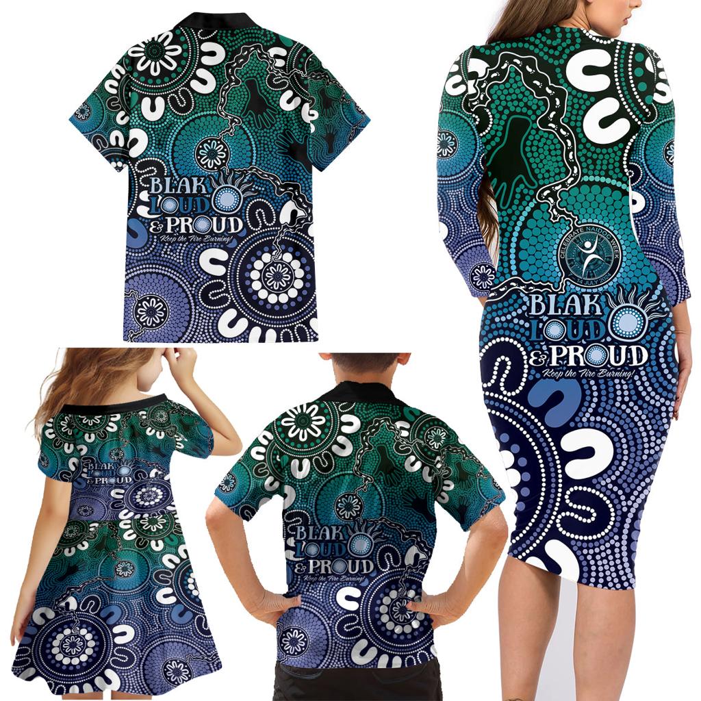 NAIDOC Week 2024 Fire Burning Family Matching Long Sleeve Bodycon Dress and Hawaiian Shirt Aboriginal Dots Blue Art
