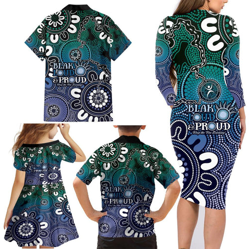 NAIDOC Week 2024 Fire Burning Family Matching Long Sleeve Bodycon Dress and Hawaiian Shirt Aboriginal Dots Blue Art