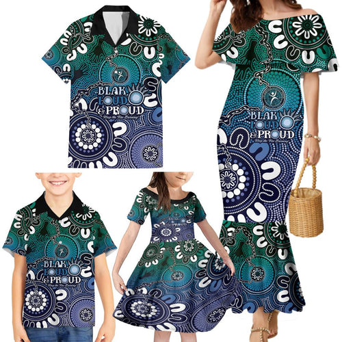 NAIDOC Week 2024 Fire Burning Family Matching Mermaid Dress and Hawaiian Shirt Aboriginal Dots Blue Art