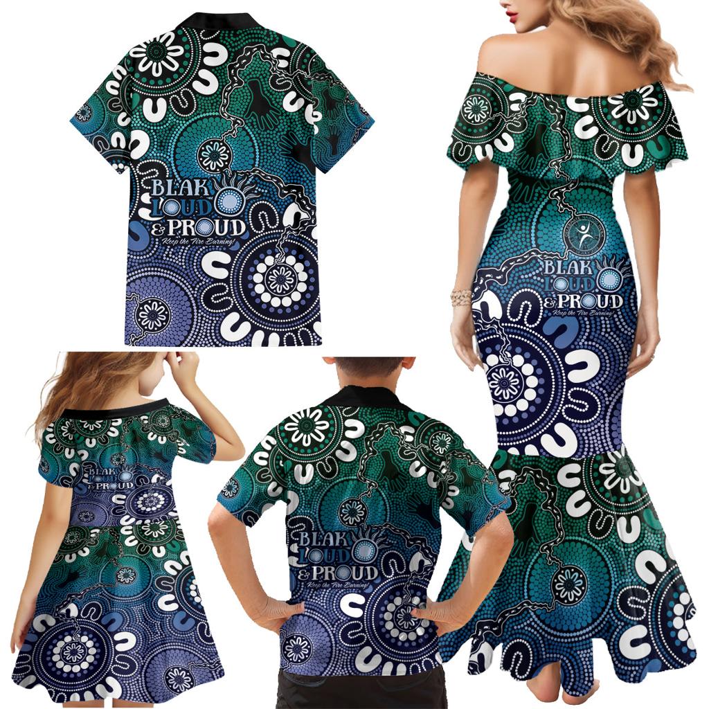 NAIDOC Week 2024 Fire Burning Family Matching Mermaid Dress and Hawaiian Shirt Aboriginal Dots Blue Art
