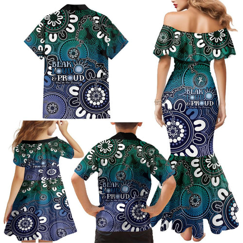 NAIDOC Week 2024 Fire Burning Family Matching Mermaid Dress and Hawaiian Shirt Aboriginal Dots Blue Art