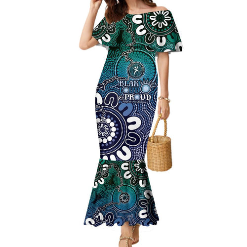 NAIDOC Week 2024 Fire Burning Family Matching Mermaid Dress and Hawaiian Shirt Aboriginal Dots Blue Art