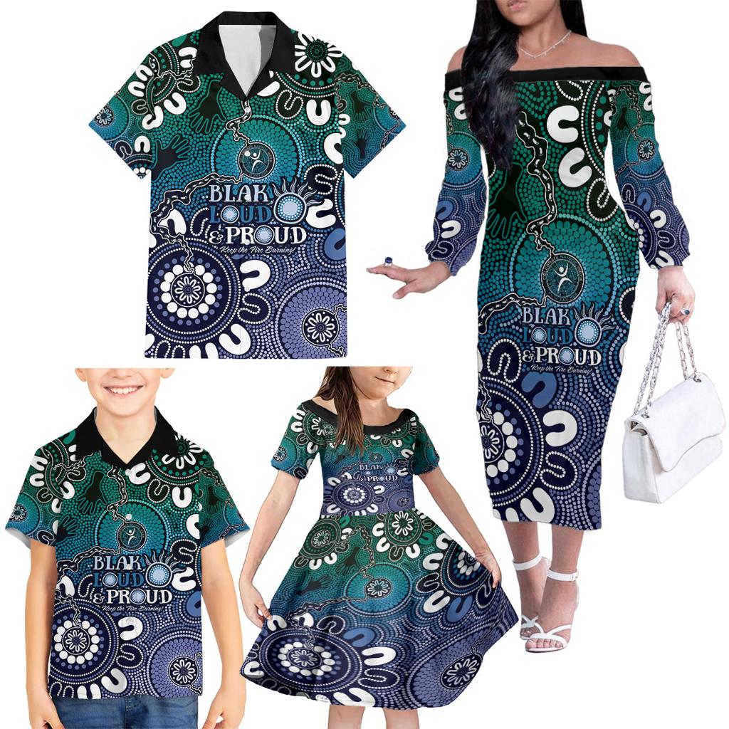 NAIDOC Week 2024 Fire Burning Family Matching Off The Shoulder Long Sleeve Dress and Hawaiian Shirt Aboriginal Dots Blue Art