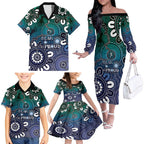 NAIDOC Week 2024 Fire Burning Family Matching Off The Shoulder Long Sleeve Dress and Hawaiian Shirt Aboriginal Dots Blue Art