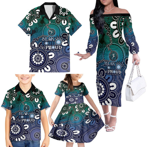 NAIDOC Week 2024 Fire Burning Family Matching Off The Shoulder Long Sleeve Dress and Hawaiian Shirt Aboriginal Dots Blue Art